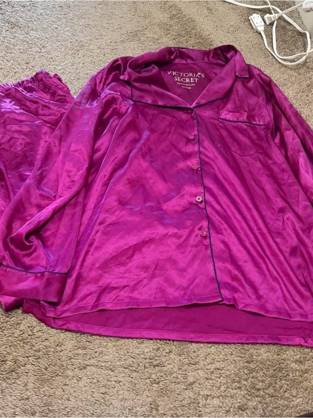 Victoria's Secret Satin Pajama Set in Magenta with Black Piping